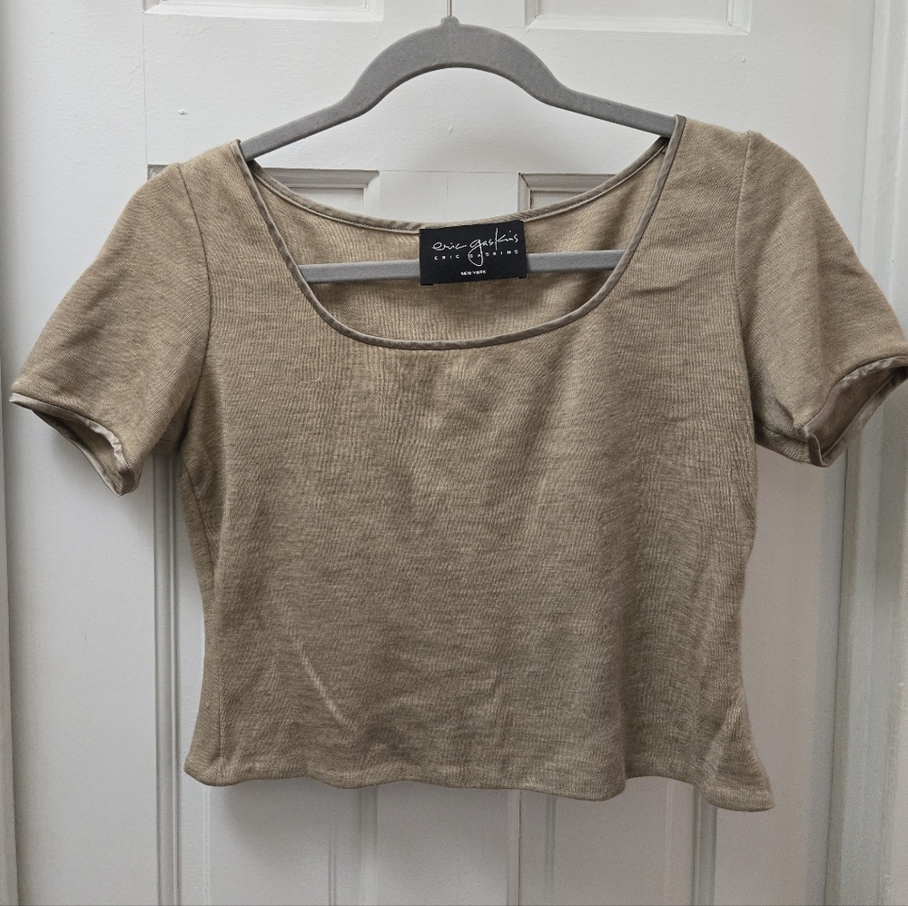 Eric Gaskins Vintage Beige Square Neck Cropped Top Short Sleeve Y2K XS Small